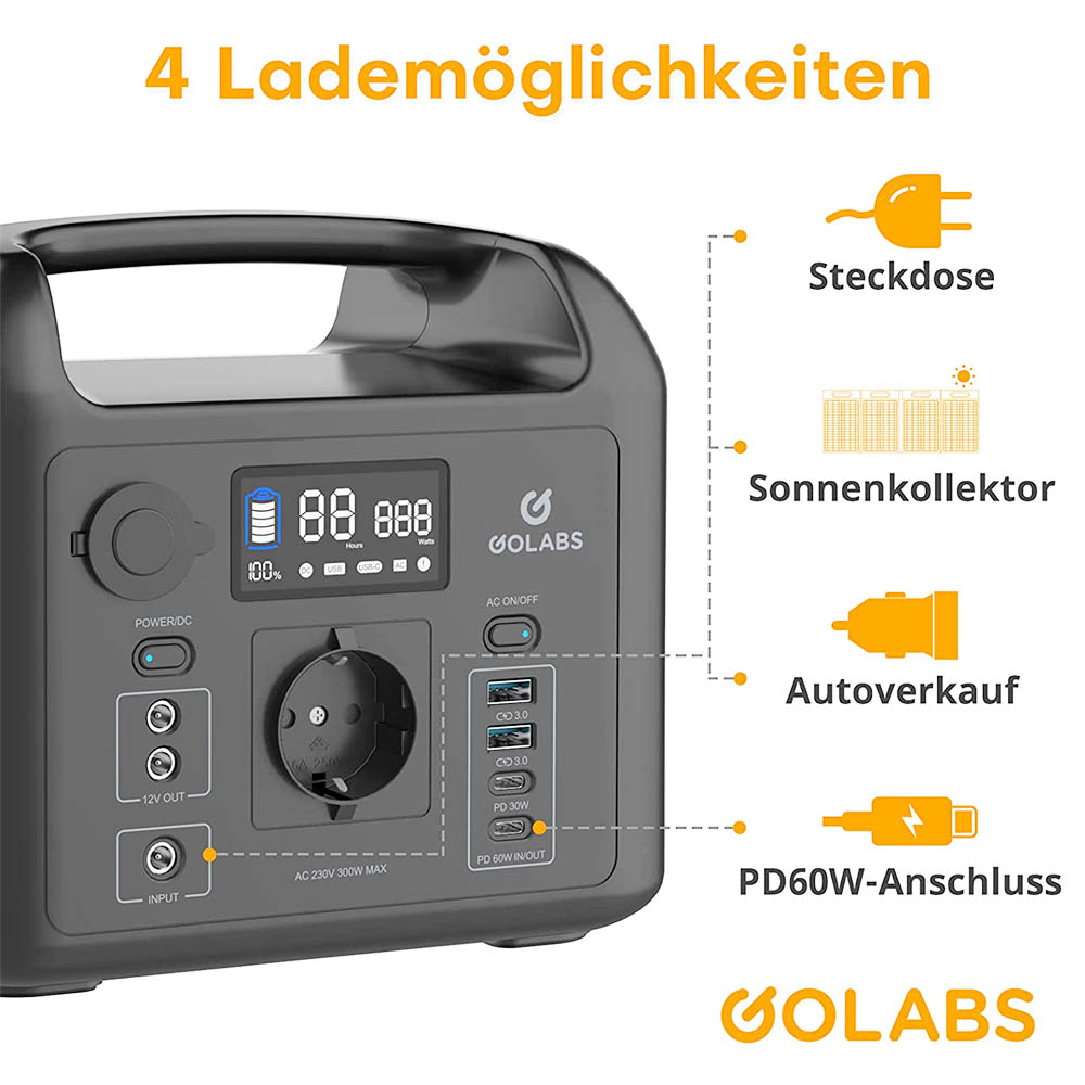 GOLABS R300 300Wh Portable Power Station LiFePO4 Battery for Outdoors Camping Fishing Hiking Emergency Home - Black