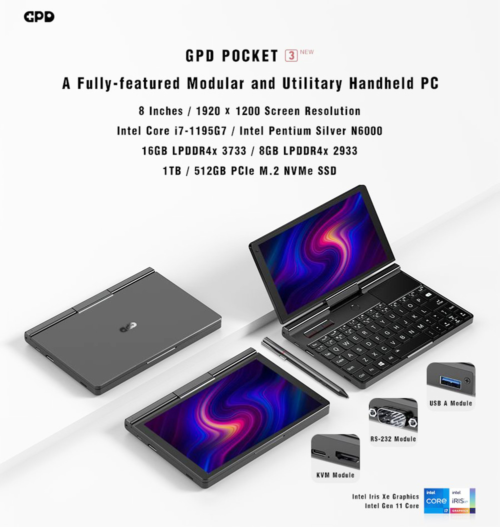 GPD Pocket 3 Intel Pentium Silver N6000 8 Inch Mini Laptop Tablet PC Win10 1920x1200 Resolution 8GB RAM/512GB