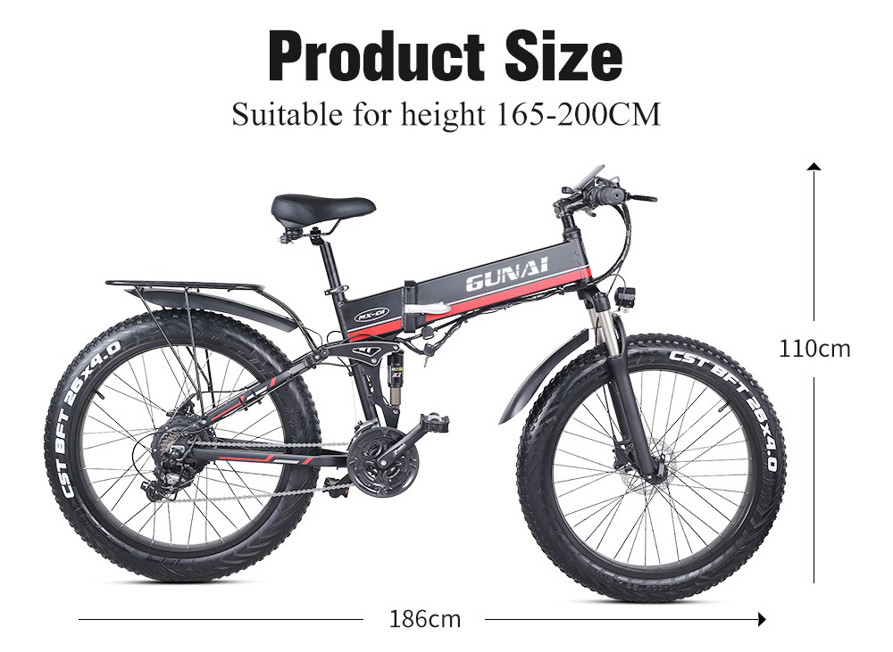 GUNAI MX01 1000W 48V 12.8Ah 26'' Electric Bicycle 40km/h Max Speed 40-50km Mileage Range 150kg Max Load - Red
