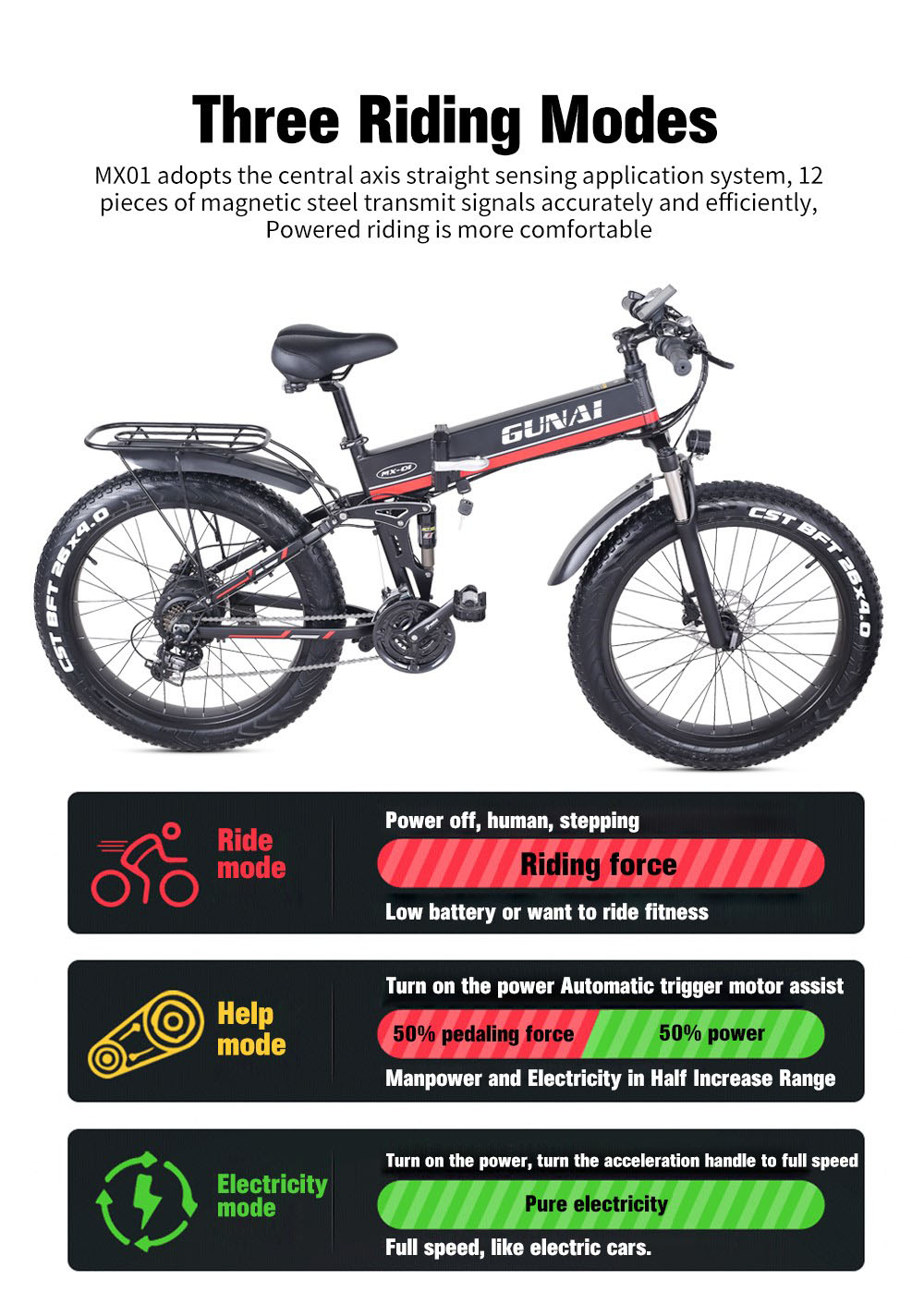 GUNAI MX01 1000W 48V 12.8Ah 26'' Electric Bicycle 40km/h Max Speed 40-50km Mileage Range 150kg Max Load - Red