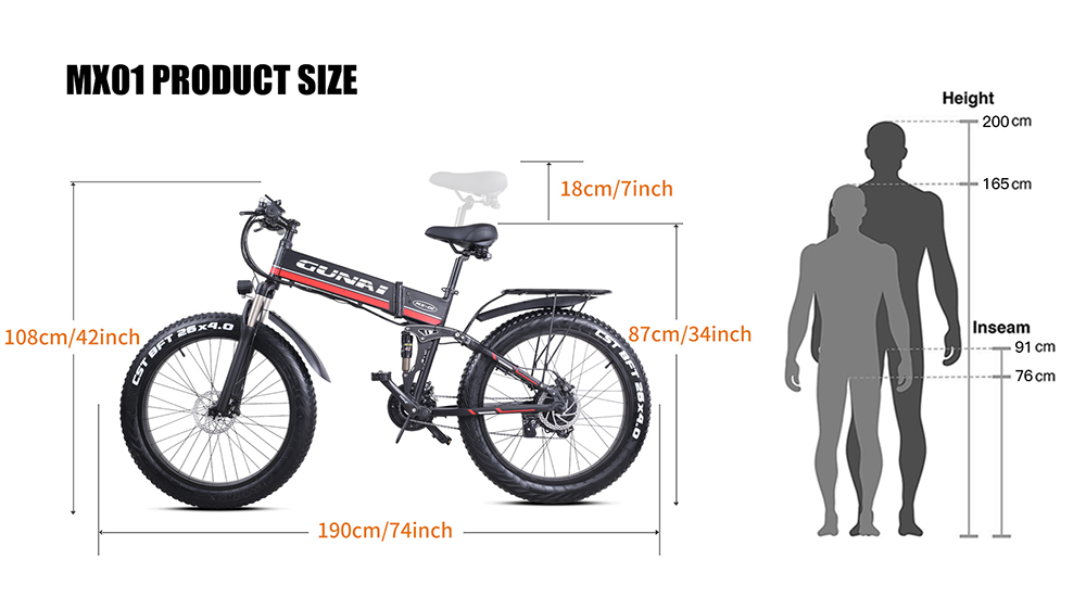 GUNAI MX01 1000W 48V 12.8Ah 26'' Electric Bicycle 40km/h Max Speed 40-50km Mileage Range 150kg Max Load - Red