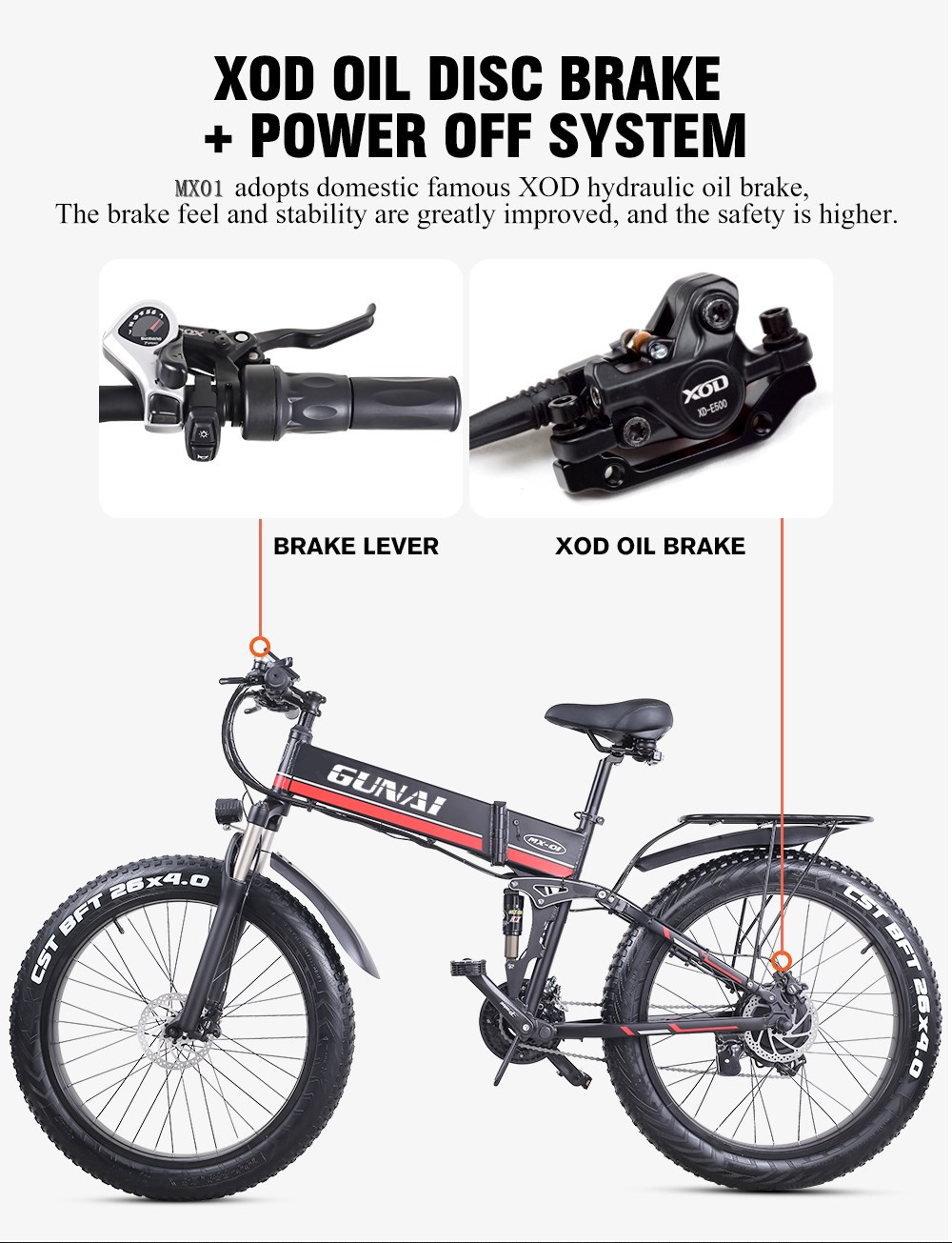 GUNAI MX01 1000W 48V 12.8Ah 26'' Electric Bicycle 40km/h Max Speed 40-50km Mileage Range 150kg Max Load - Red