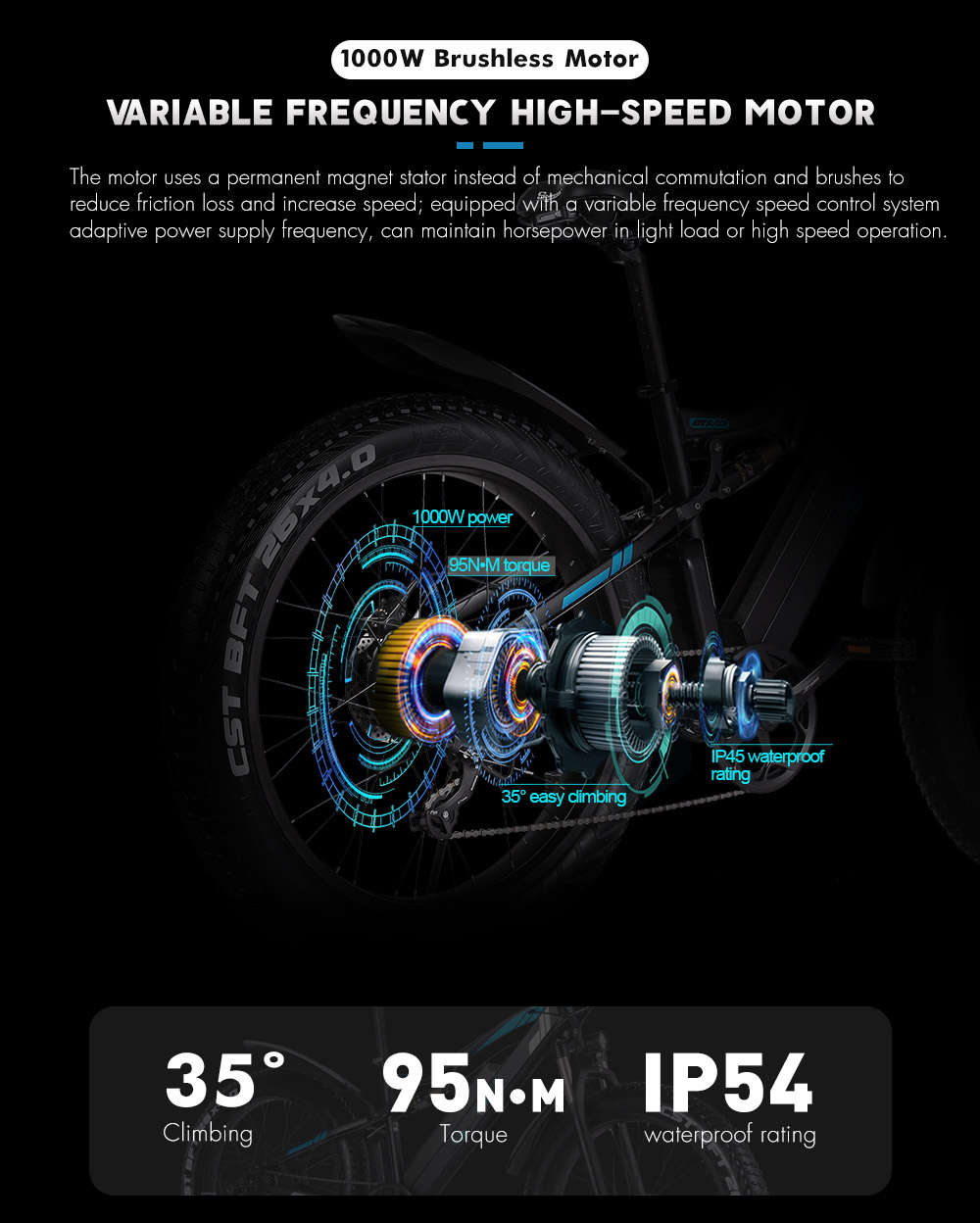 GUNAI MX03 1000W 48V 17Ah 26'' Elcykel 40km/h Maxhastighet 40-50km Körsträcka 150kg Maxbelastning - Svart