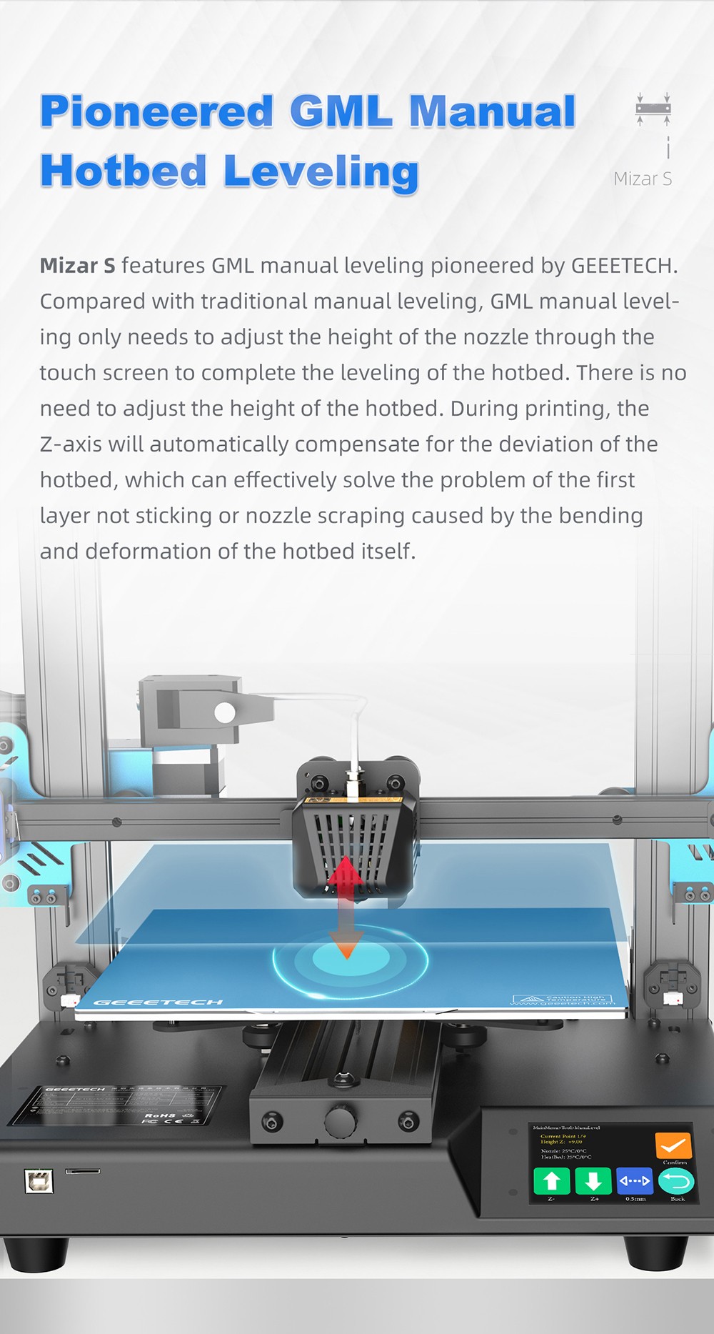 GEEETECH Mizar S Auto-Leveling FDM 3D Printer Fixed Heat Bed Dual Z-axis with Ultra Silent Board 255x255x260mm