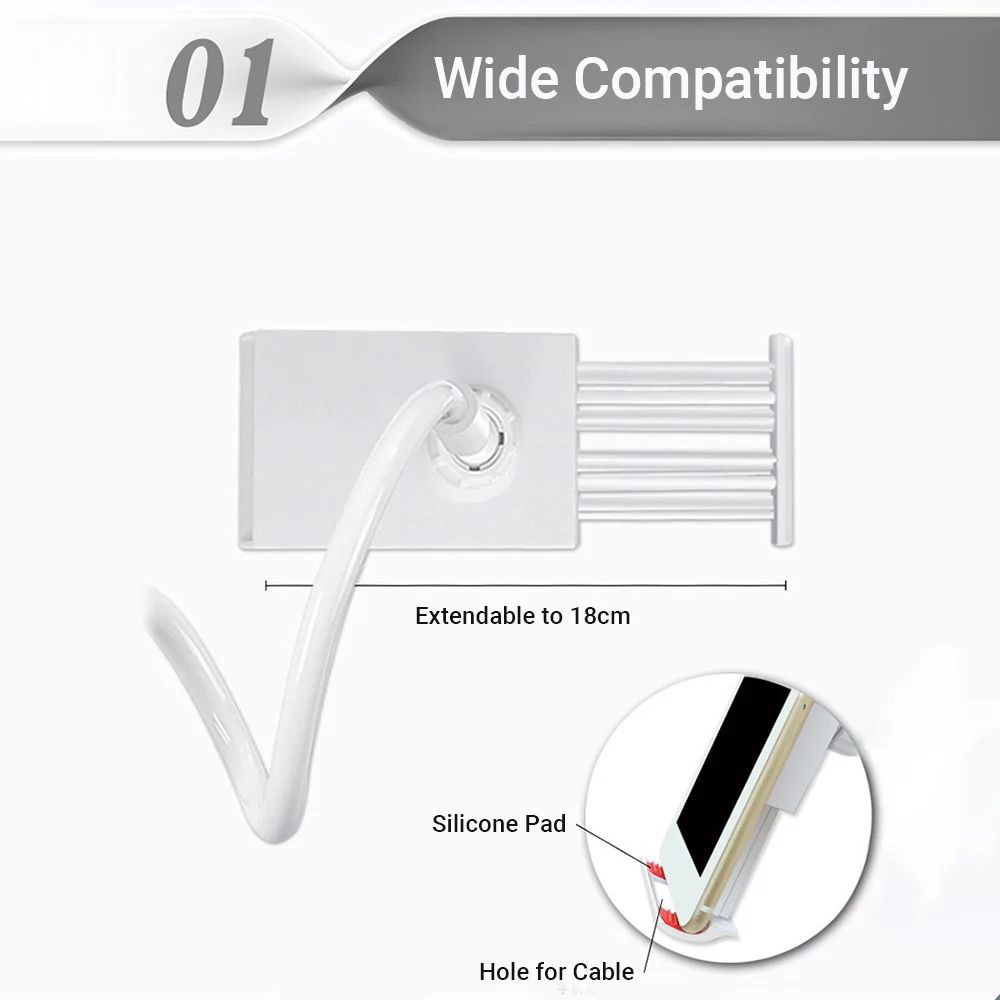 Gooseneck Phone Tablet Holder Flexible Holder for Bed-lazy Arm 360 Adjustable Clam Bracket Stand 80cm - White