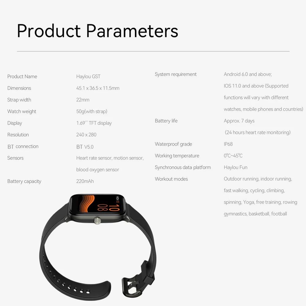 Haylou GST Smartwatch 12 Sports Modes Variable Watch Faces HD Large Screen Sports Watch - Black