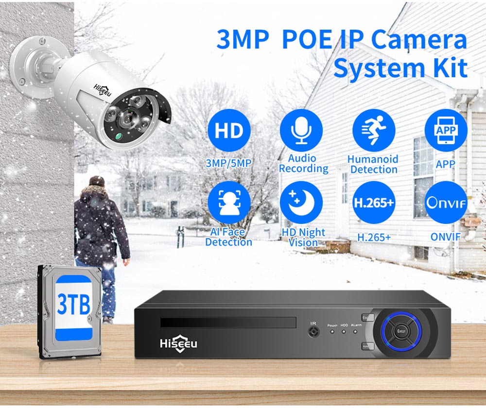 Hiseeu 3MP H.265 8CH POE Security Surveillance Camera System Kit Set AI Face Detection Audio Record IP Home