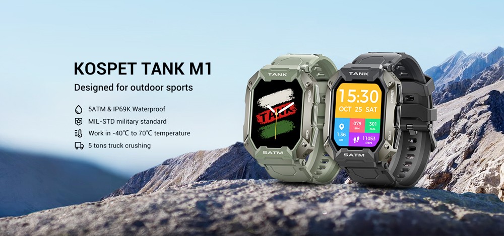 KOSPET TANK M1 Smartwatch 1.72'' Screen SpO2 HR BP Monitor Fitness Tracker IP69 Waterproof Sports Watch - Black