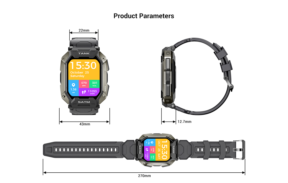 KOSPET TANK M1 Smartwatch 1.72'' Screen SpO2 HR BP Monitor Fitness Tracker IP69 Waterproof Sports Watch - Black