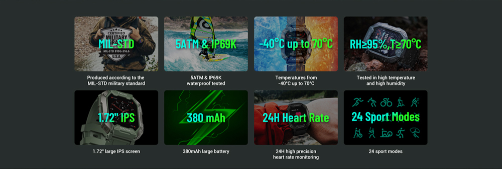 KOSPET TANK M1 Smartwatch 1.72'' Screen SpO2 HR BP Monitor Fitness Tracker IP69 Waterproof Sports Watch - Green