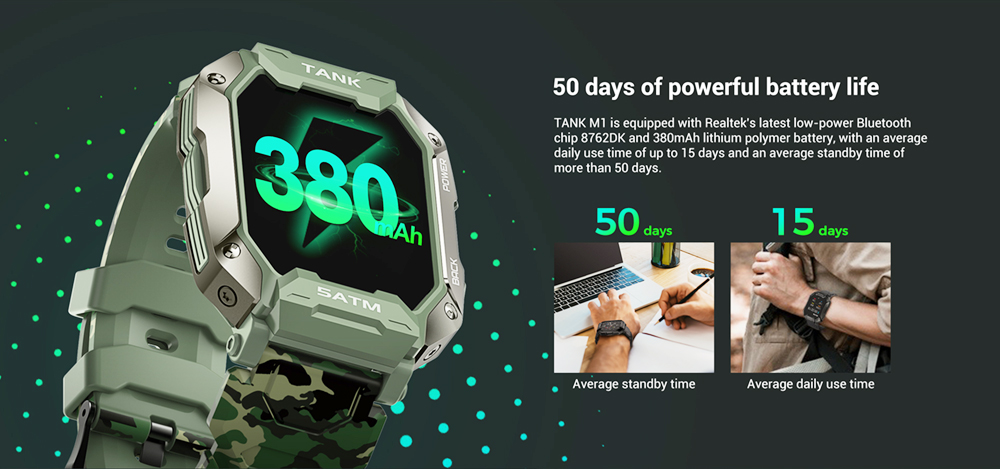 KOSPET TANK M1 Smartwatch 1.72'' Screen SpO2 HR BP Monitor Fitness Tracker IP69 Waterproof Sports Watch - Green