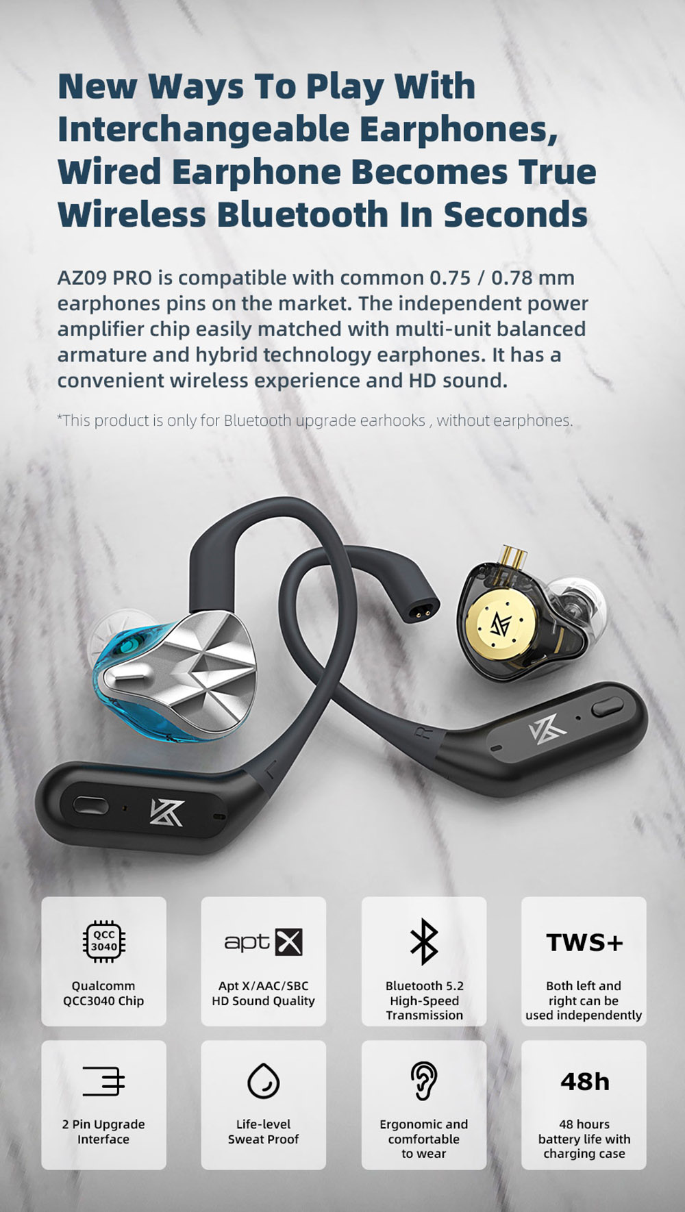 KZ AZ09 Pro HiFi Bluetooth Module Ear Hook TWS Bluetooth 5.2 - Black