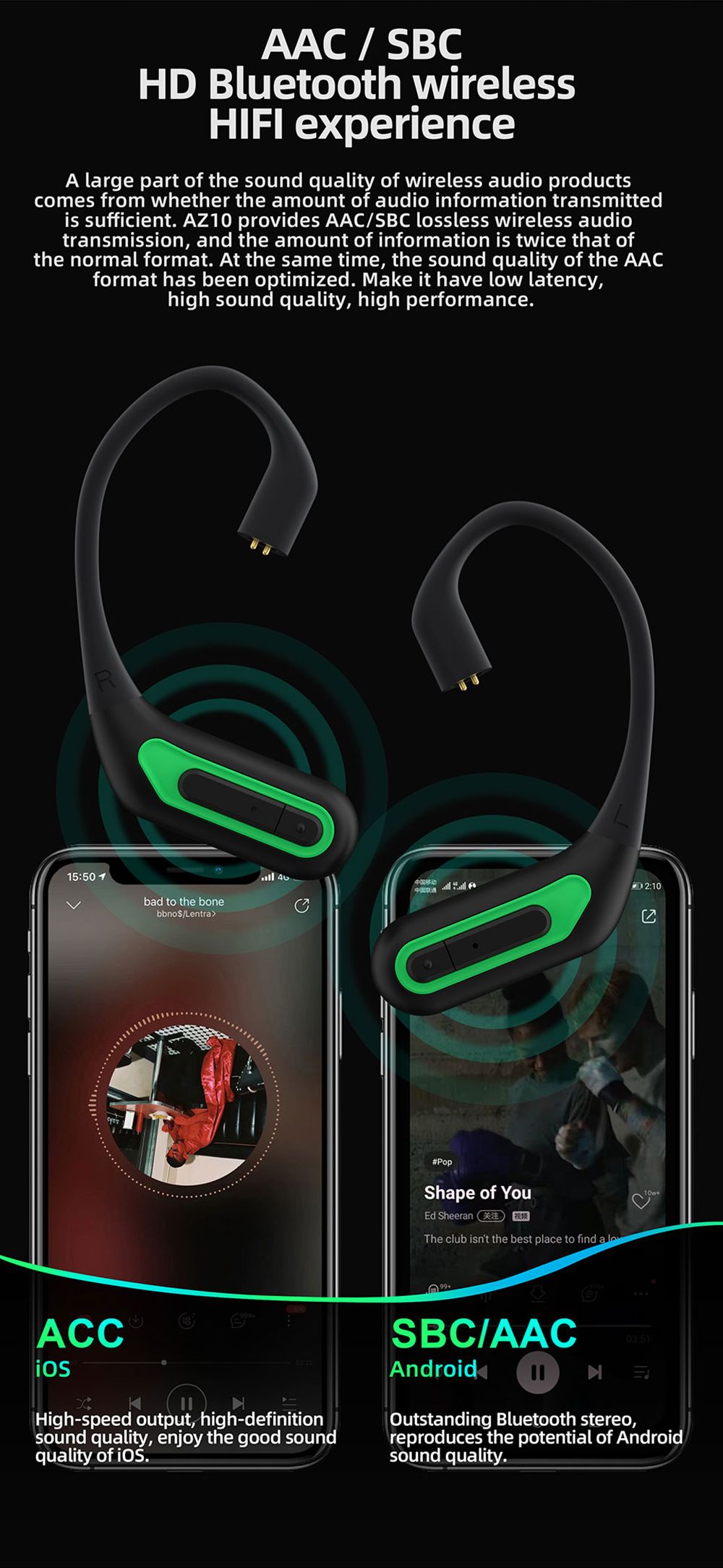 KZ AZ10 Upgrade Wireless Bluetooth Module 5.2 Ear Hook for HiFi Headset for Sports Noise Cancelling - Black
