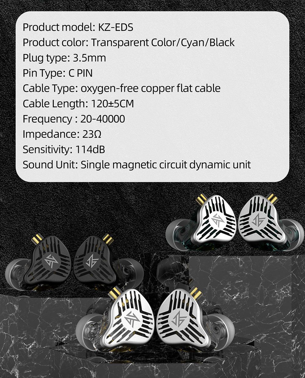 KZ EDS Wired Earphones In-Ear Dual Magnetic Dynamic Drivers HiFi In Ear with Mic for Musician Audiophile - Transparent