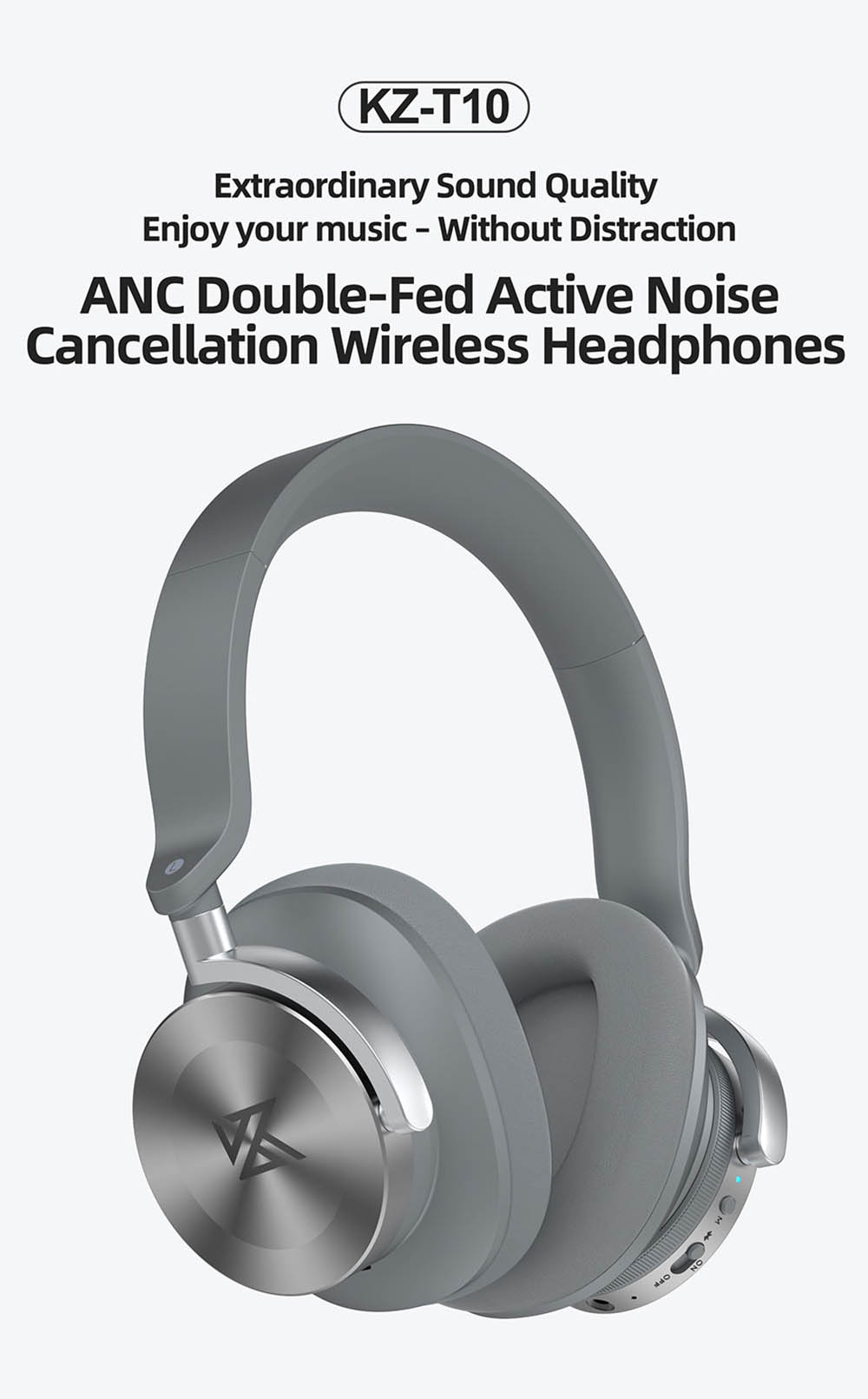 KZ T10 ANC Double-Fed Active Noise Cancellation Wireless Headphones Bluetooth 5.0 with Mic Music Headset - Silver