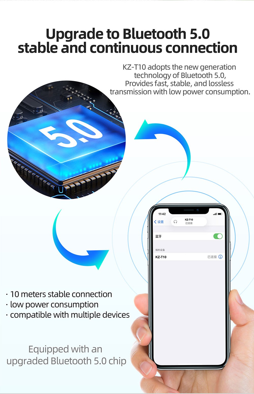 KZ T10 ANC Double-Fed Active Noise Cancellation Wireless Headphones Bluetooth 5.0 with Mic Music Headset - Silver