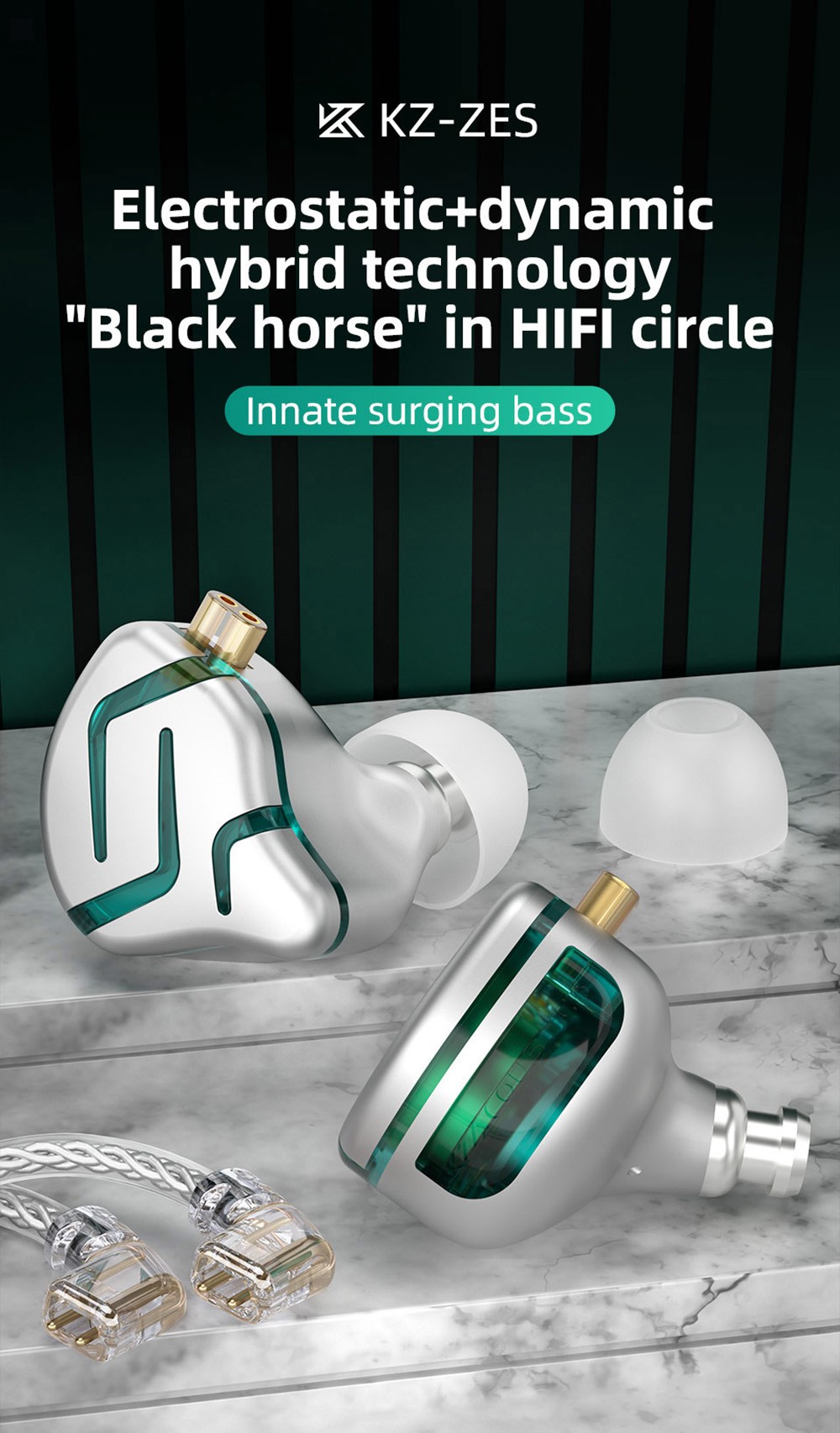 KZ ZES Electrostatic+Dynamic Wired HiFi Earphone Bass Earbuds In-Ear Monitor Noise Cancelling with Mic - Silver