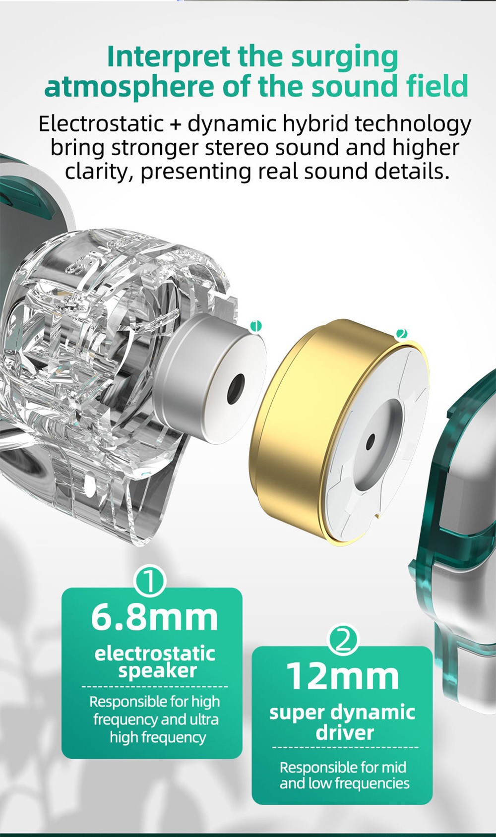 KZ ZES Electrostatic+Dynamic Wired HiFi Earphone Bass Earbuds In-Ear Monitor Noise Cancelling with Mic - Silver