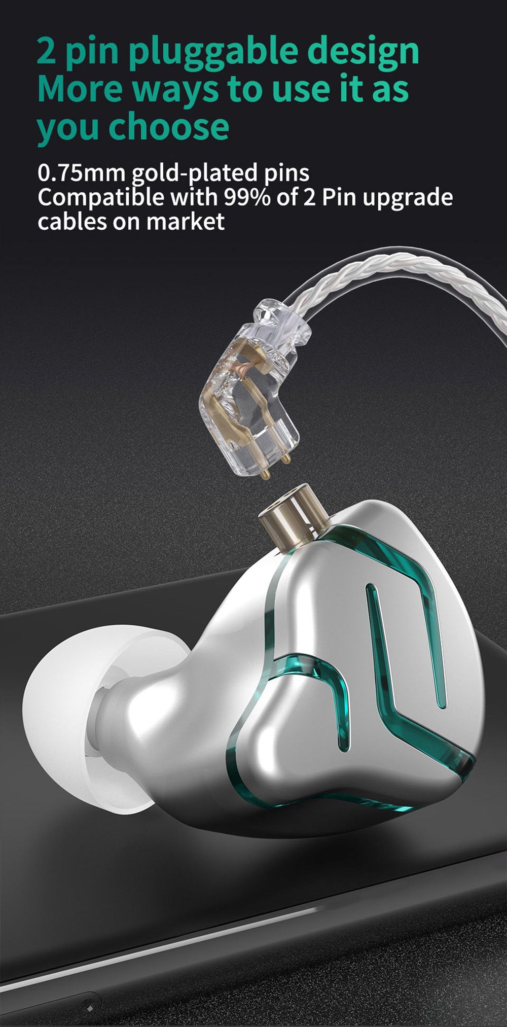 KZ ZES Electrostatic+Dynamic Wired HiFi Earphone Bass Earbuds In-Ear Monitor Noise Cancelling with Mic - Silver