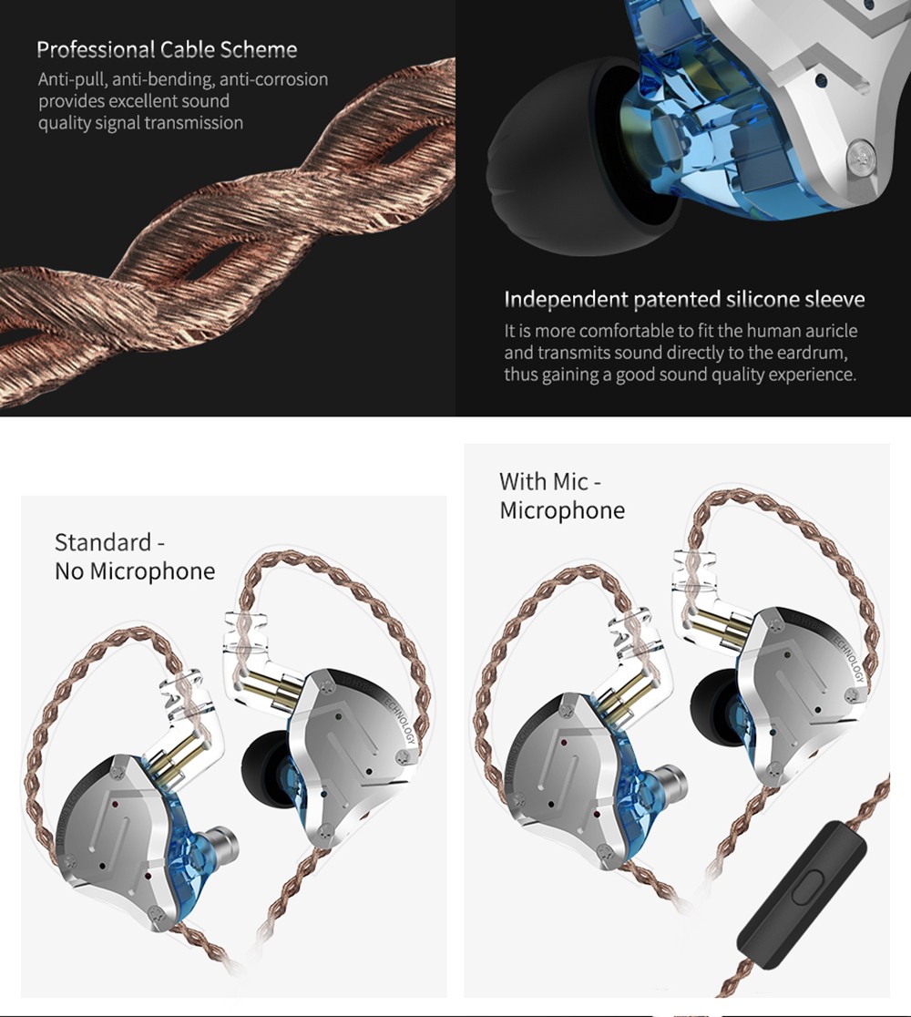 KZ ZS10 Pro Wired Earphone 4BA+1DD Hybrid Technology In-ear HiFi Bass Game Headset with Mic - Glittering Gold