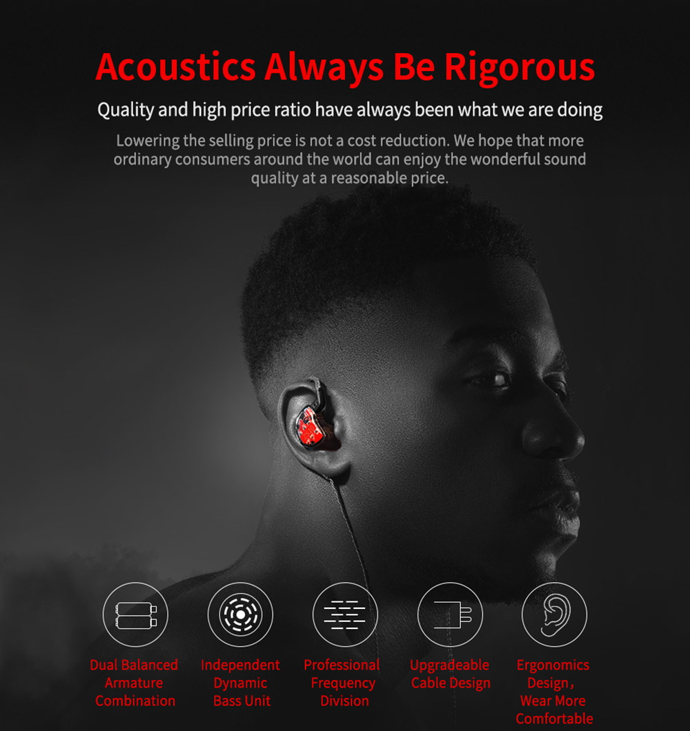 KZ ZS10 Wired Earphone 4BA+1DD Hybrid Technology In-ear HiFi Bass Game Headset - with Mic Black