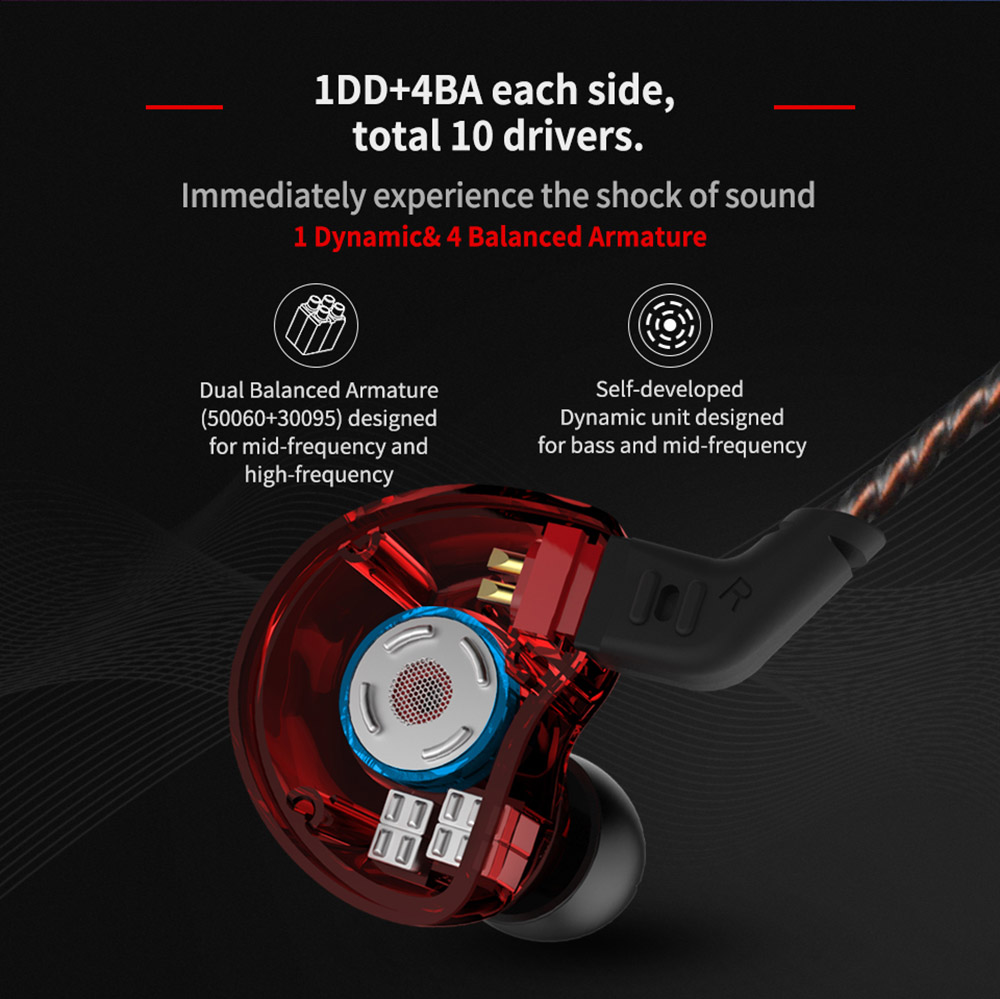 KZ ZS10 Wired Earphone 4BA+1DD Hybrid Technology In-ear HiFi Bass Game Headset - with Mic Black