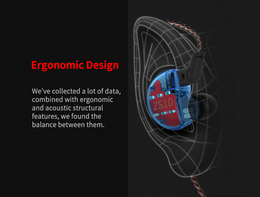 KZ ZS10 Wired Earphone 4BA+1DD Hybrid Technology In-ear HiFi Bass Game Headset -with Mic Red