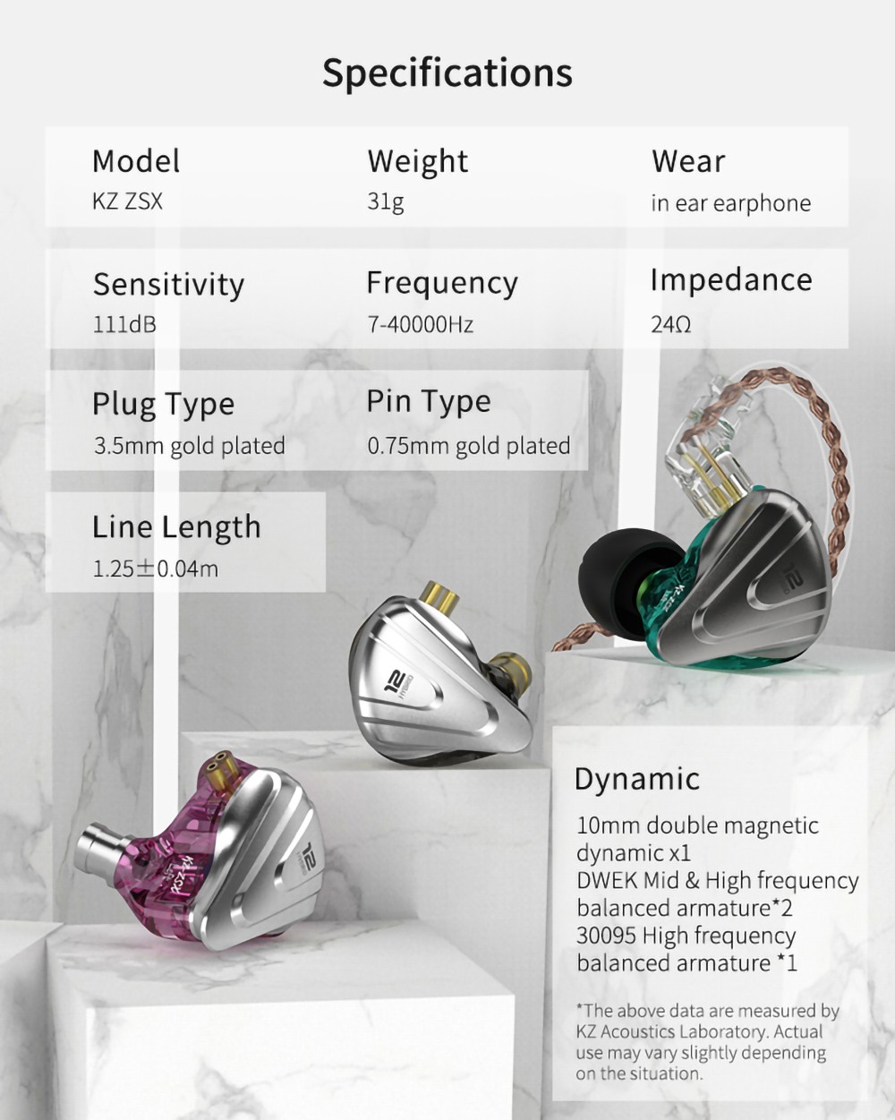 KZ ZSX Terminator Metal In Ear Earphones 12 Units Hybrid 5BA+1DD HIFI Bass Wired Earbuds with Mic- Purple