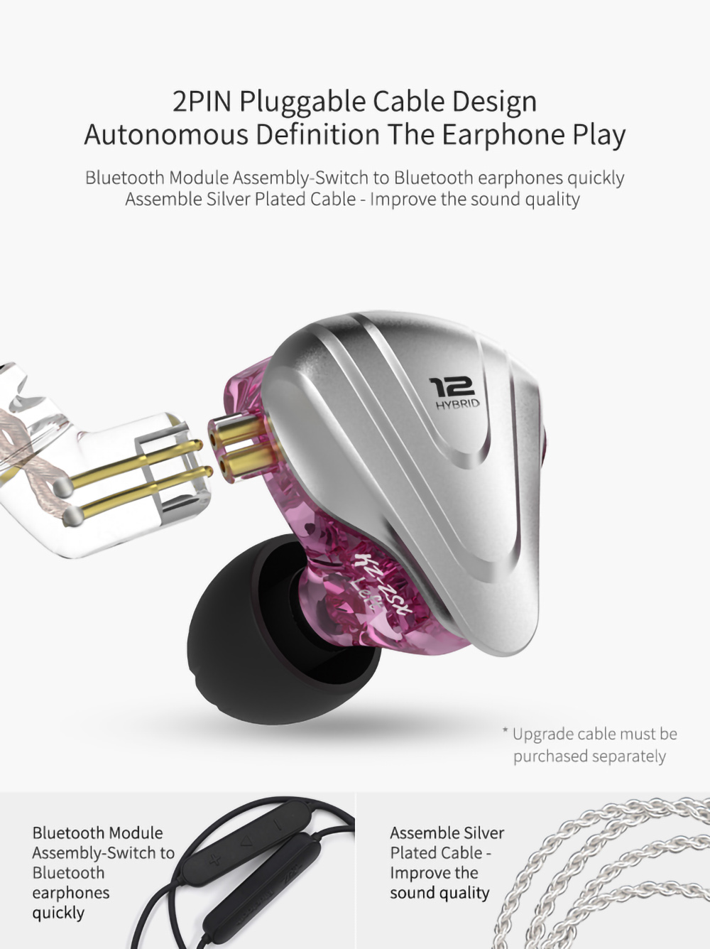 KZ ZSX Terminator Metal In Ear Earphones 12 Units Hybrid 5BA+1DD HIFI Bass Wired Earbuds with Mic- Purple