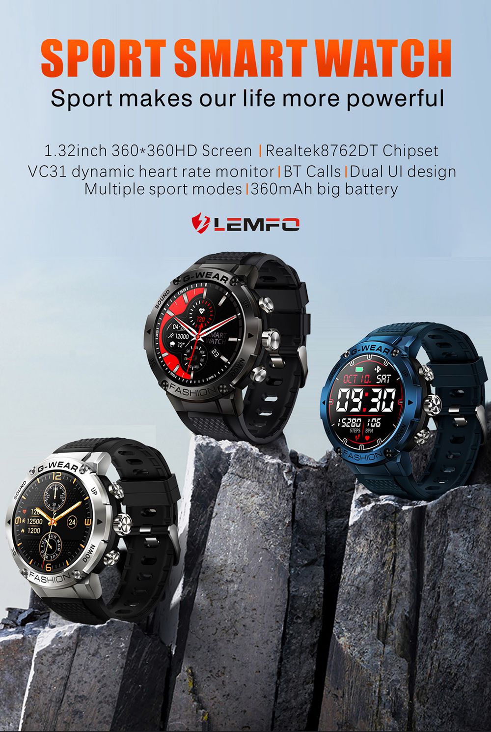 LEMFO K28H Smartwatch 1.32-inch IPS Clear Full-Touch Screen Men Watch with BT Call - Black