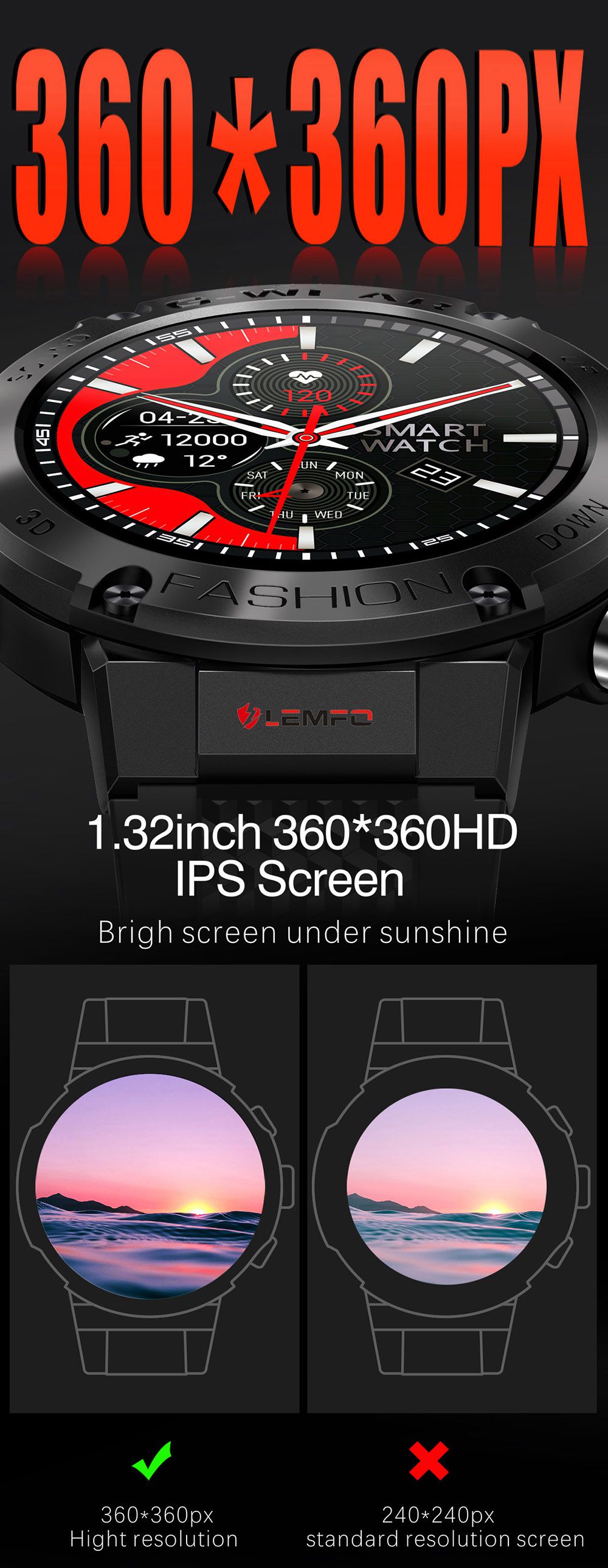 LEMFO K28H Smartwatch 1.32-inch IPS Clear Full-Touch Screen Men Watch with BT Call - Black