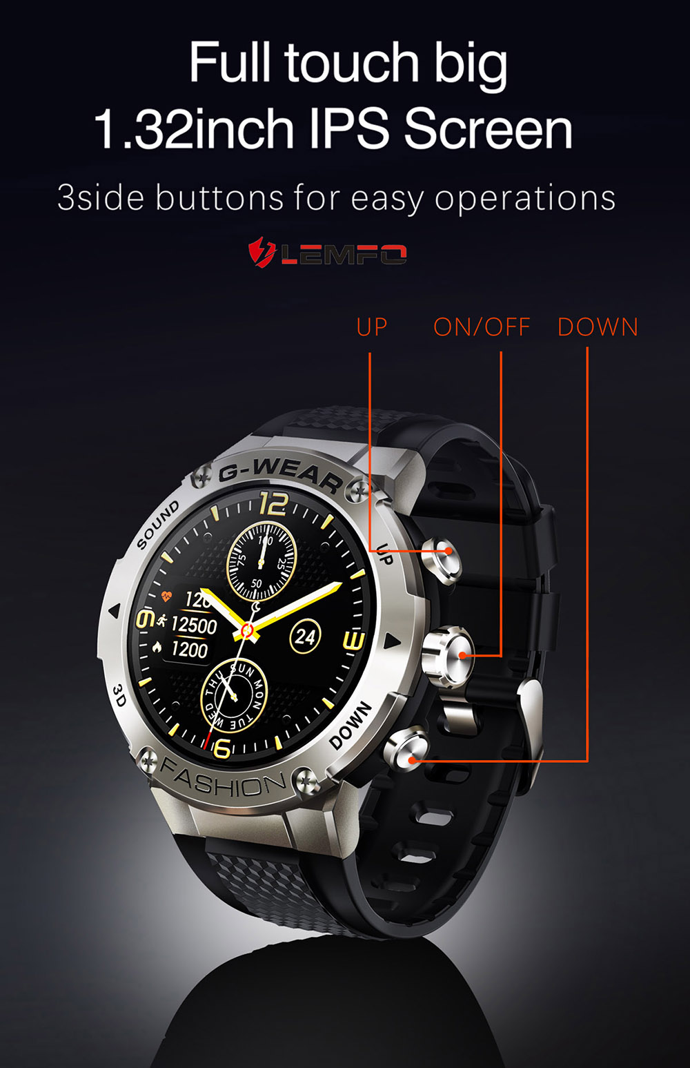 LEMFO K28H Smartwatch 1.32-inch IPS Clear Full-Touch Screen Men Watch with BT Call - Black