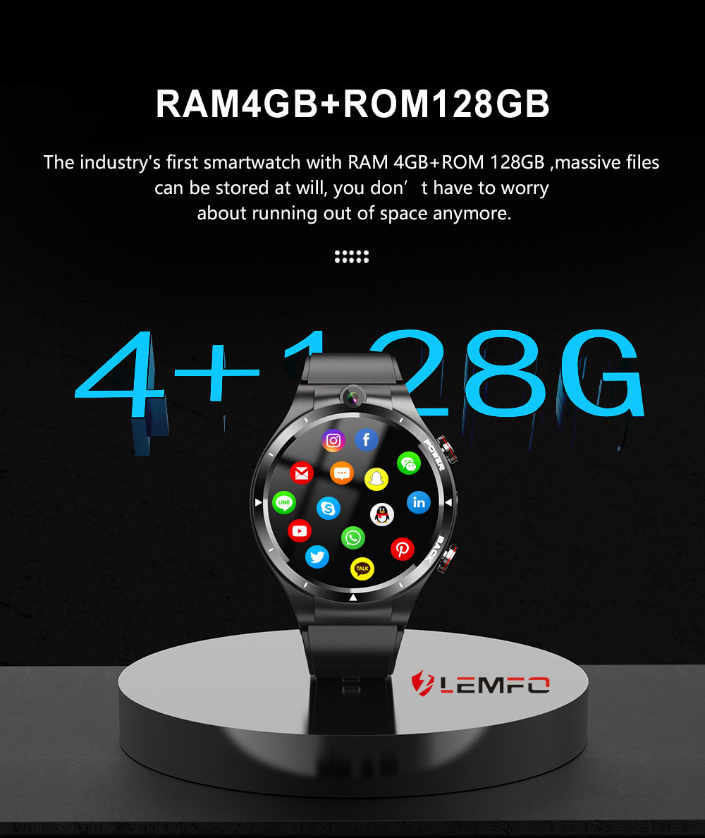 LEMFO LEM15 4G Smartwatch 1.6'' Screen Android 10.7 Helio P22 Chip 4GB 128GB LTE 4G SIM Black