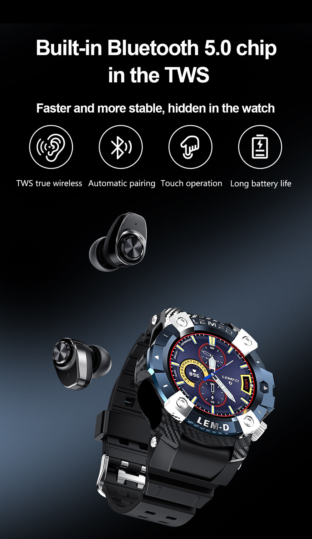 LEMFO LEMD Smartwatch + Earbuds Set 1.3-Inch TFT Touchscreen with Sports Modes Health Monitor - Blue