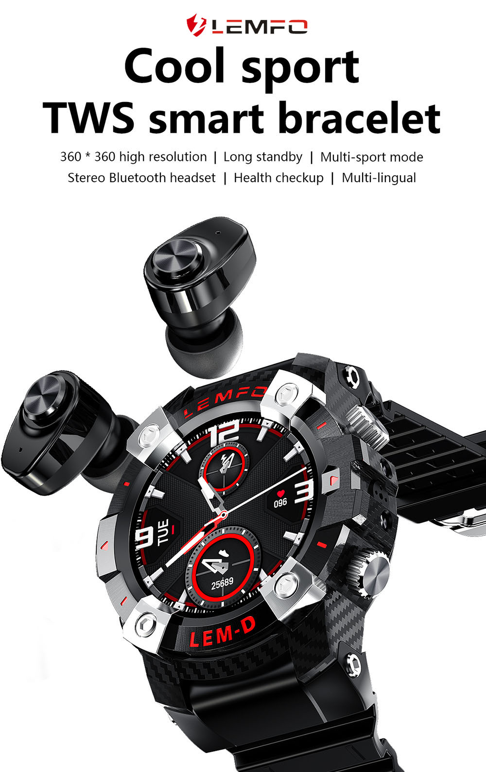 LEMFO LEMD Smartwatch + Earbuds Set 1.3-Inch TFT Touchscreen with Sports Modes Health Monitor - Red