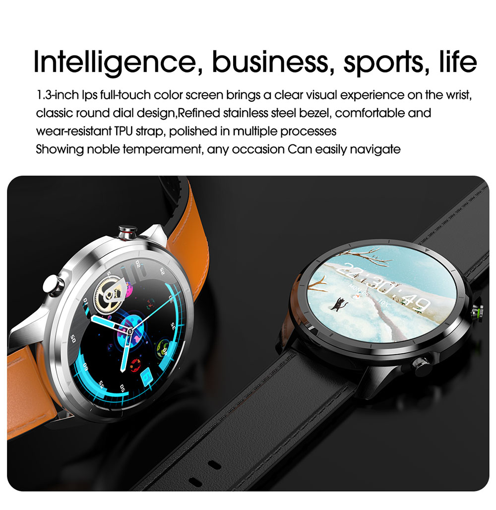 LEMFO LF26 Smartwatch Full Touch HD Amoled Screen Bluetooth 5.0 Sports Fitness Watch Leather - Silver Brown