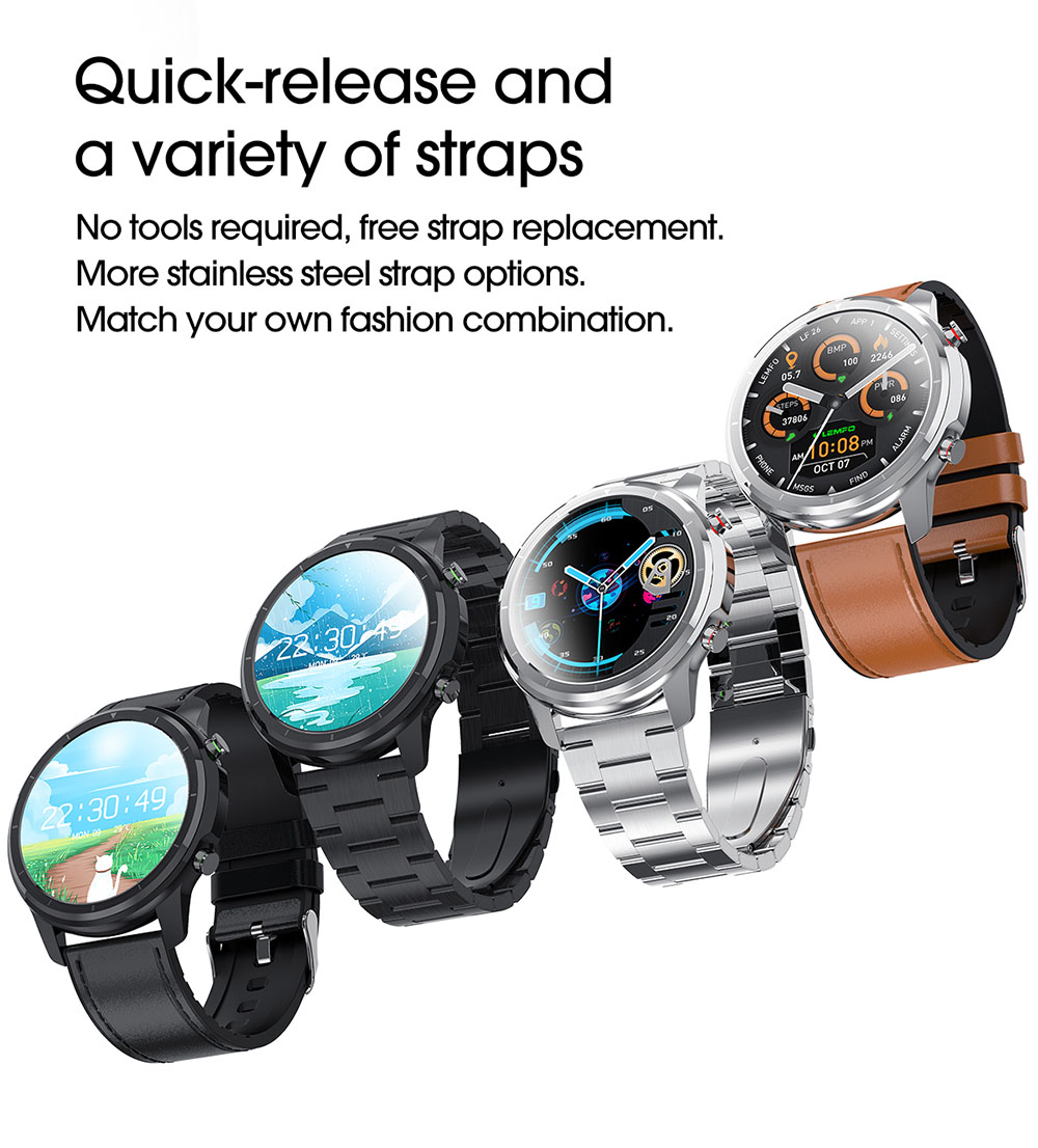 LEMFO LF26 Smartwatch Full Touch HD Amoled Screen Bluetooth 5.0 Sports Fitness Watch Leather - Silver Brown