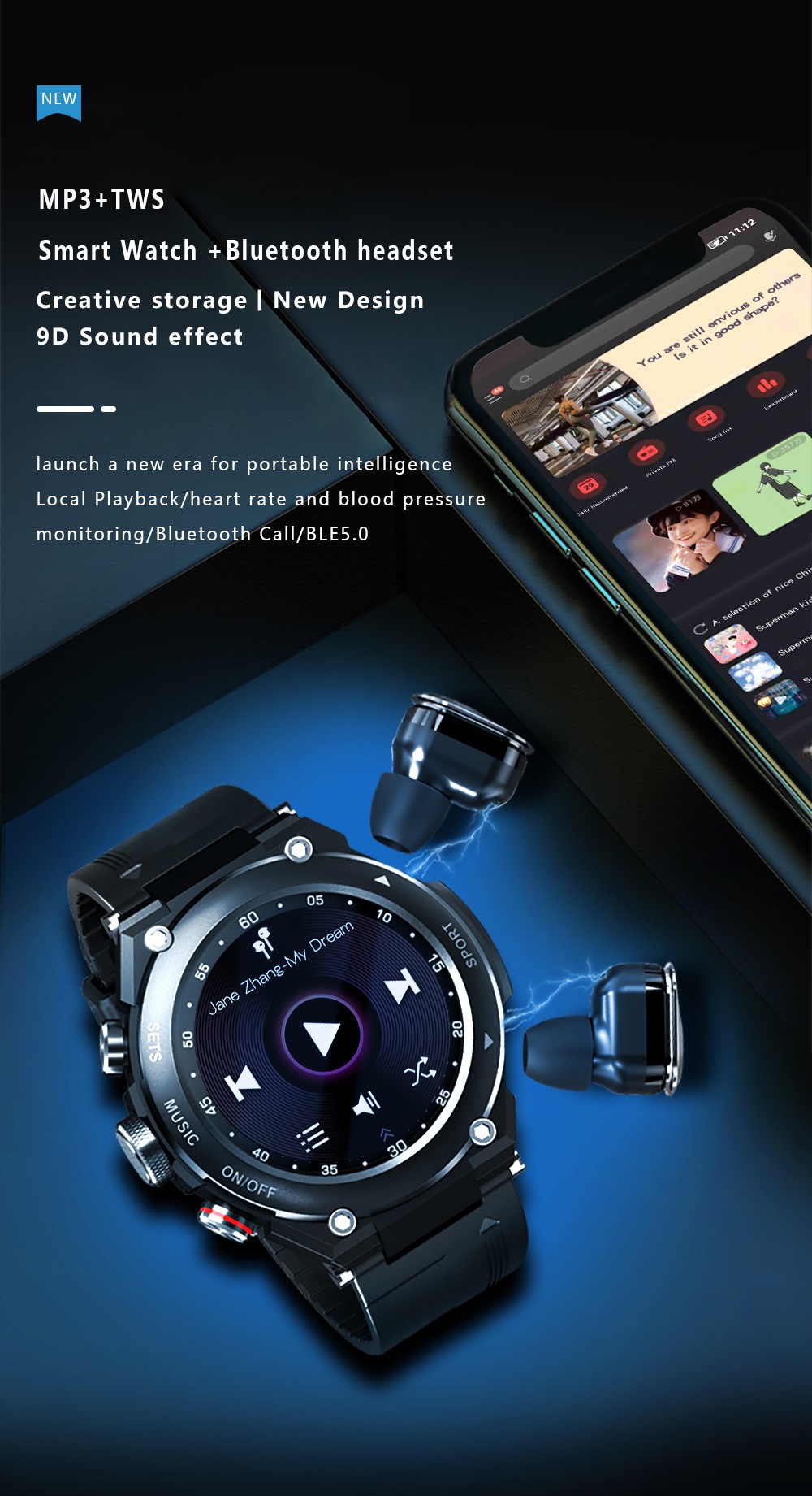 LEMFO T92 Smartwatch 1.28-inch IPS Color Full-Touch Screen Sports Watch with BT Earbuds - Black