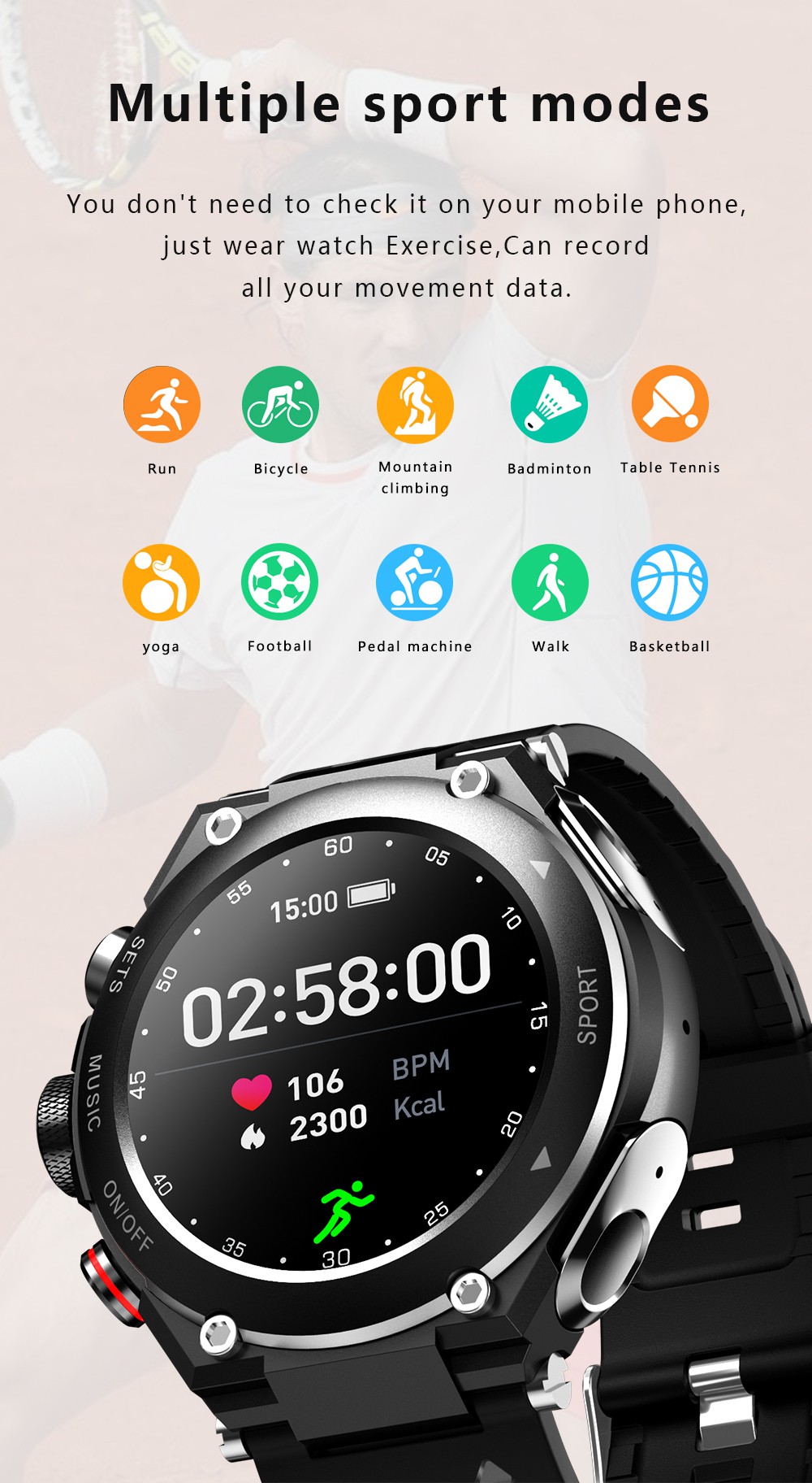 LEMFO T92 Smartwatch 1.28-inch IPS Color Full-Touch Screen Sports Watch with BT Earbuds - Black