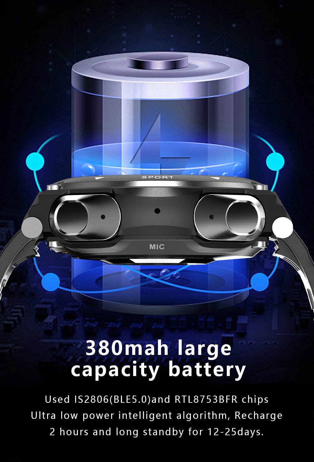 LEMFO T92 Smartwatch 1.28-inch IPS Color Full-Touch Screen Sports Watch with BT Earbuds - Black