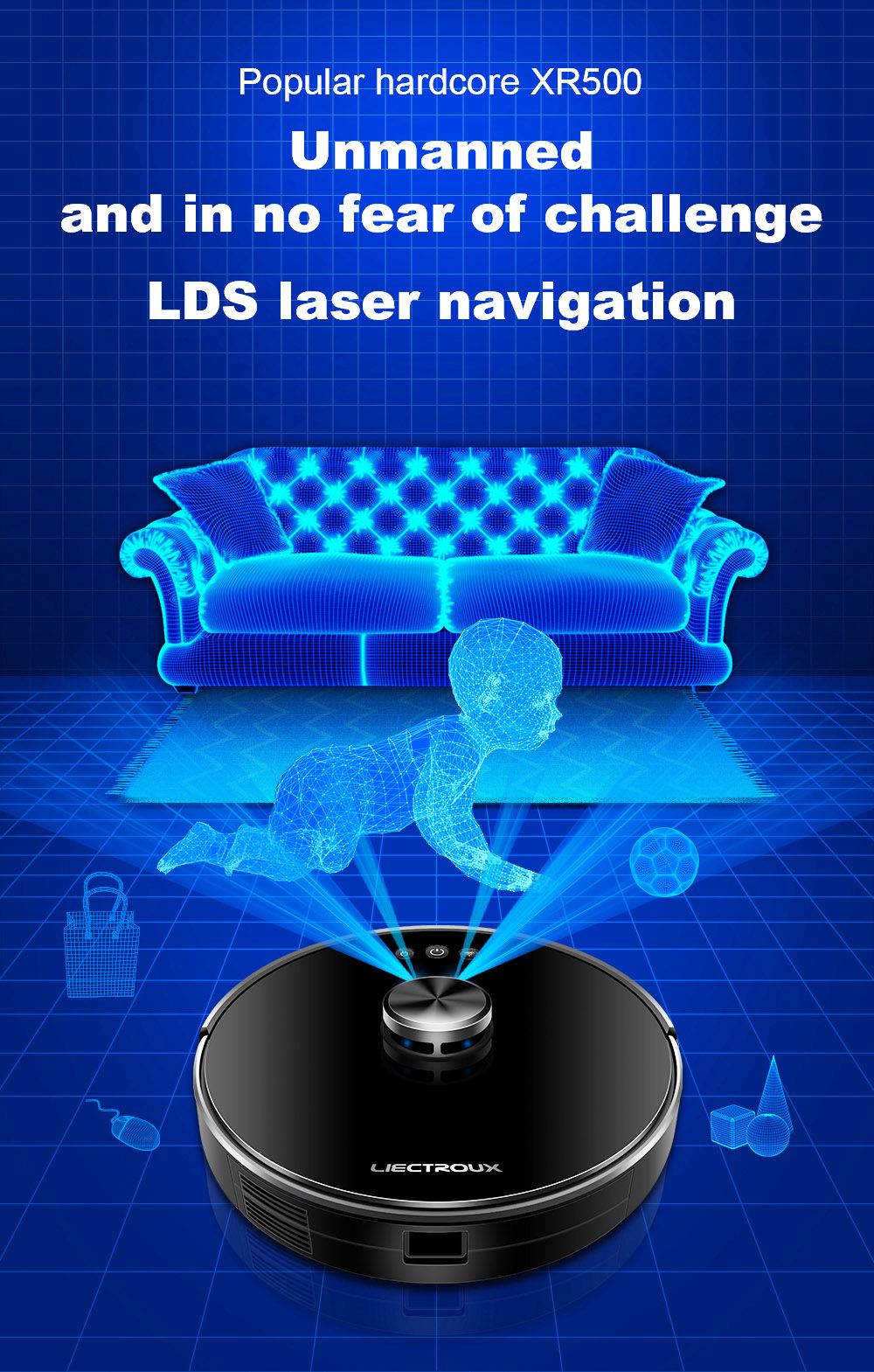 LIECTROUX XR500 Robotický vysávač LDS Laserová navigácia 6500Pa Zametanie Vytieranie Y-tvar Mokré vytieranie APP Control