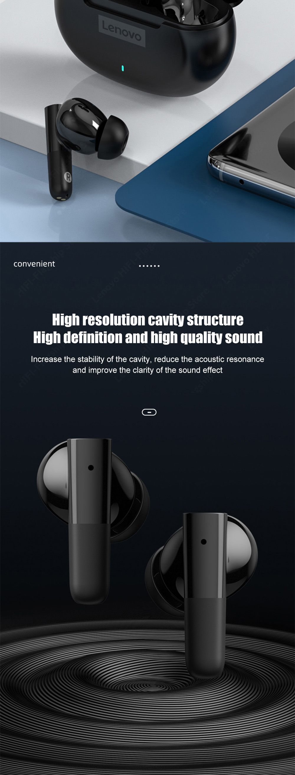 Lenovo LP3 ANC Wireless Headphones TWS Bluetooth 5.2 Earphone Active Noise Cancellation Earbuds HD Call with Mic - Black