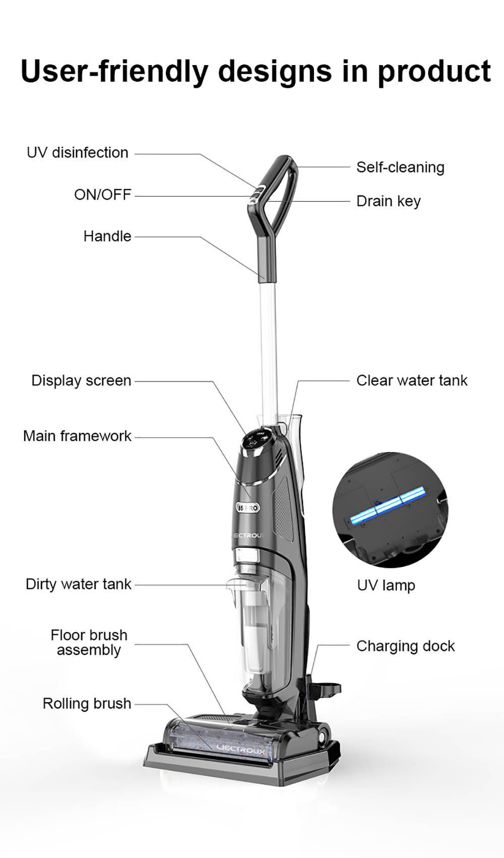 LIECTROUX i5 Pro Smart Handheld Cordless Wet Dry Vacuum Cleaner Lightweight Floor & Carpet Washer 5000pa Suction 35Mins Run Time UV Lamp Self-cleaning - Black