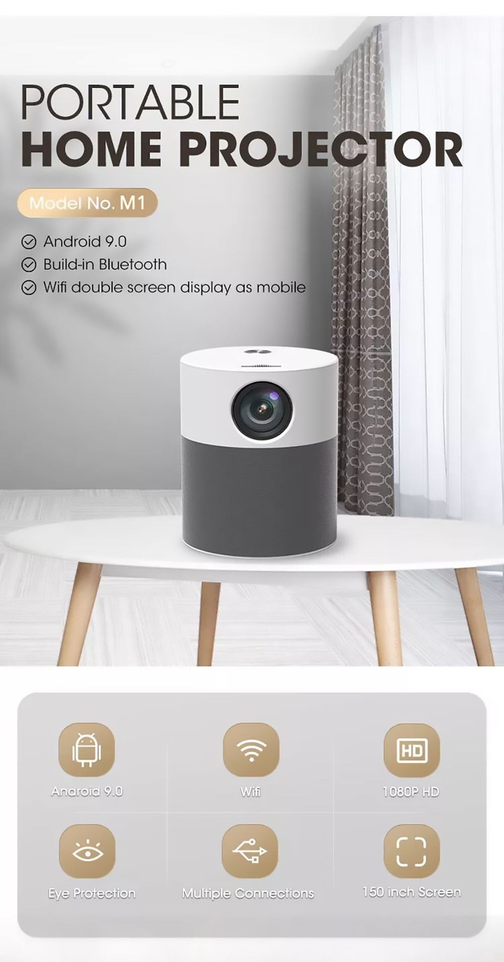 Android 9.0 LCD Projector 1920*1080 Full HD 1080P 300 ANSI Lumens WiFi Bluetooth with EU Plug - Grey