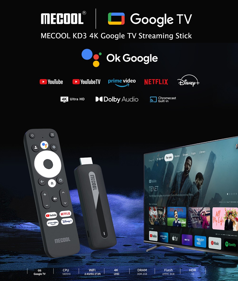 MECOOL KD3 TV Stick Google TV OS Android 11 Netflix 4K Amazon Prime Video Youtube Streaming AV1 Supported 2G RAM 8G ROM