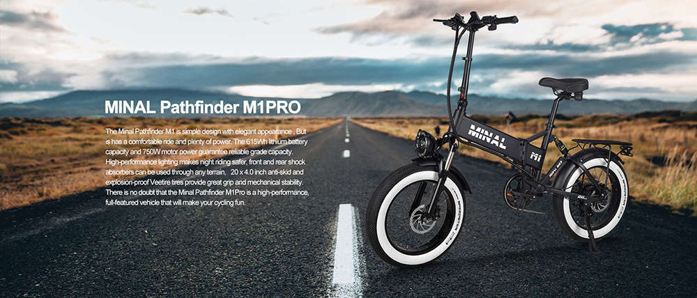 Minal M1 Pro Foldable E-bike 20*4.0 Fat Tires 48V 12.8Ah Battery 750W Motor 50-75 Range 25km Max Speed Black