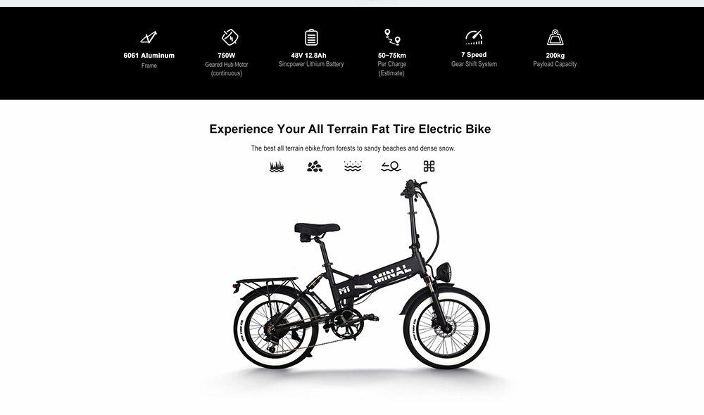 Minal M1 Pro Foldable E-bike 20*4.0 Fat Tires 48V 12.8Ah Battery 750W Motor 50-75 Range 25km Max Speed Black