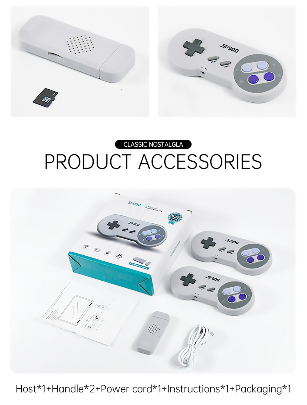 Powkiddy SF900 HD Video Game Console 926 Games In One SFC Retro 2.4G with Two Wireless Handles - White