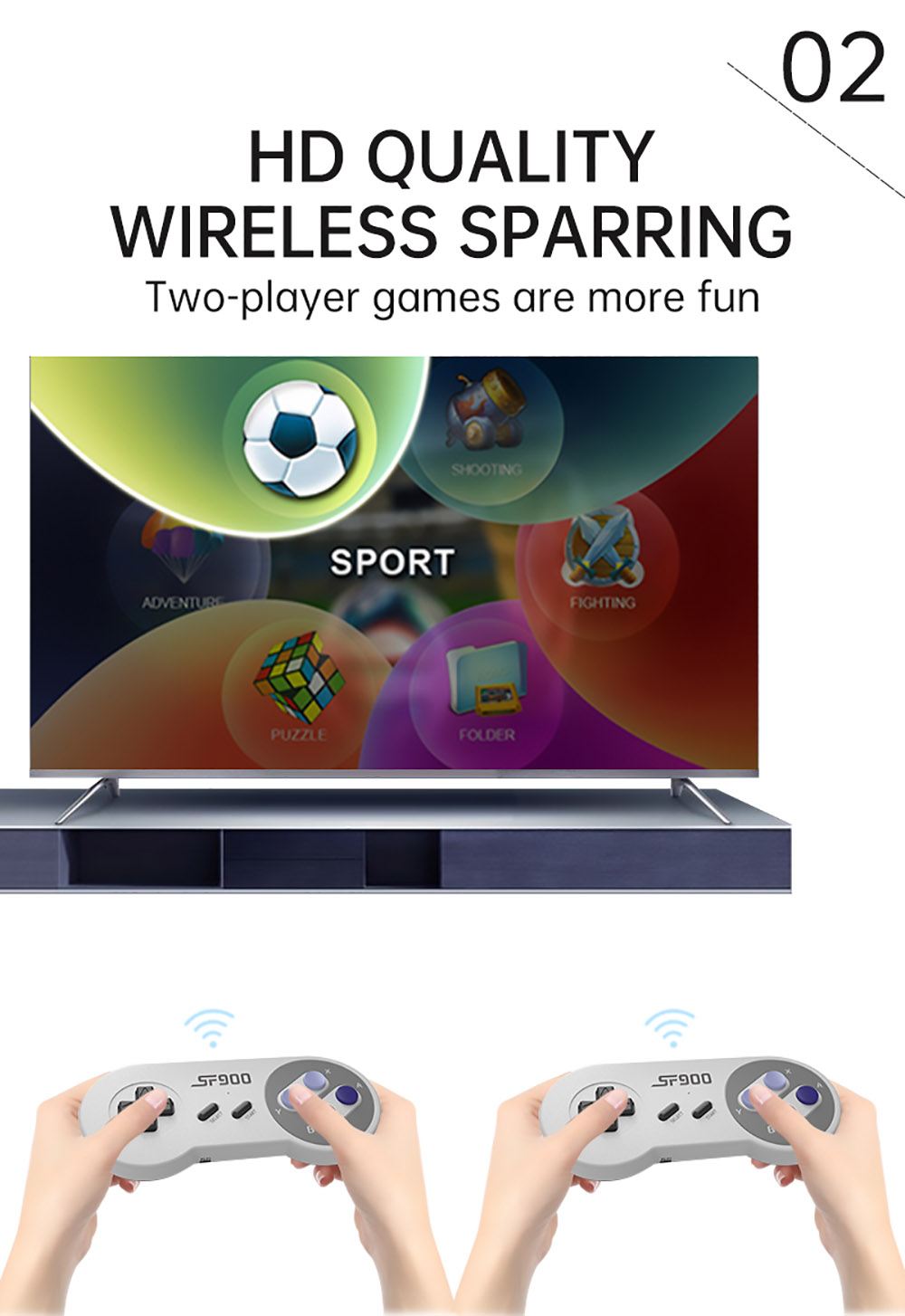 Powkiddy SF900 HD Video Game Console 926 Games In One SFC Retro 2.4G with Two Wireless Handles - White