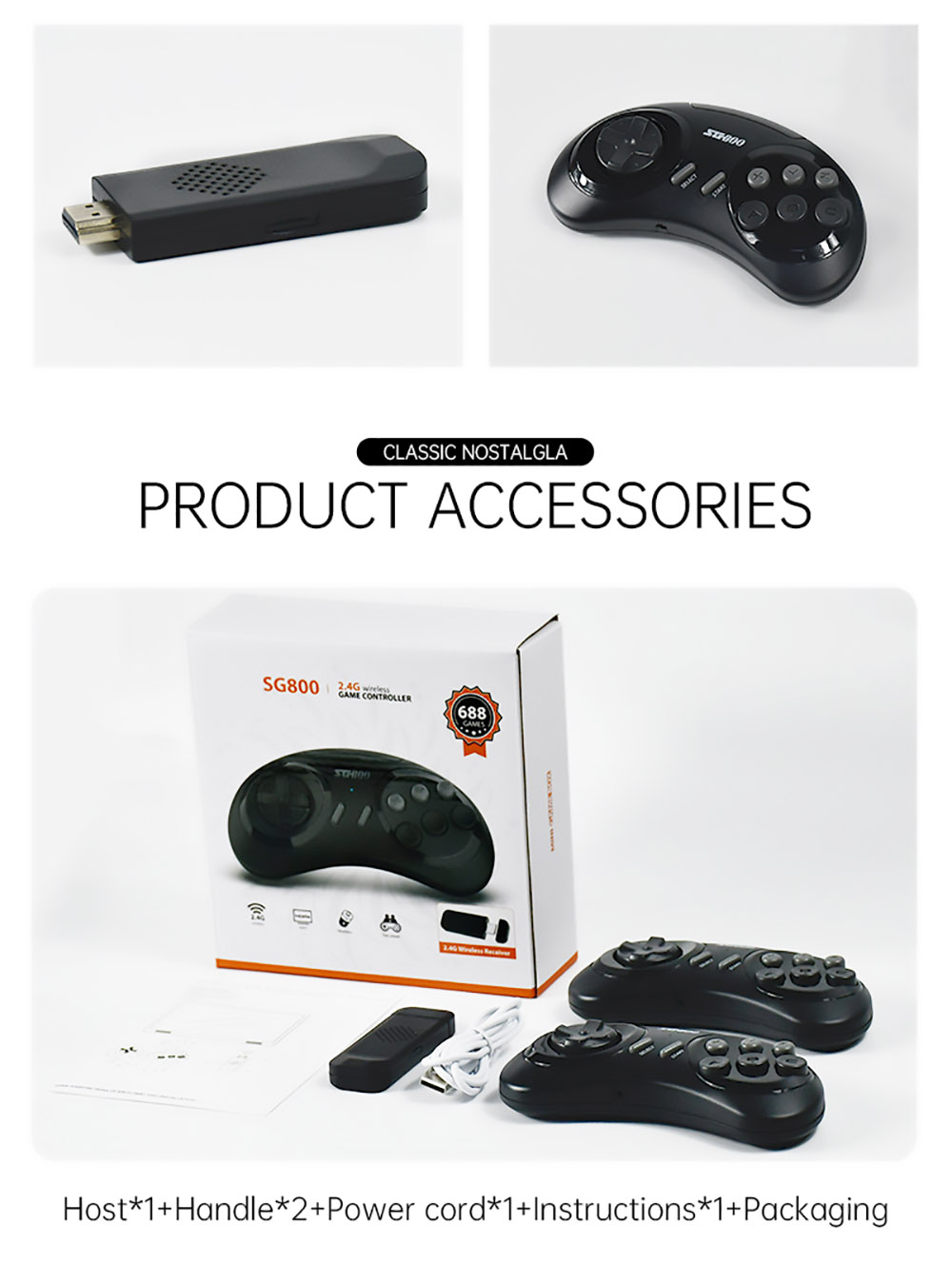 Powkiddy SG800 HD Video Game Console 688 Games In One SFC Retro 2.4G with Two Wireless Handles - Black